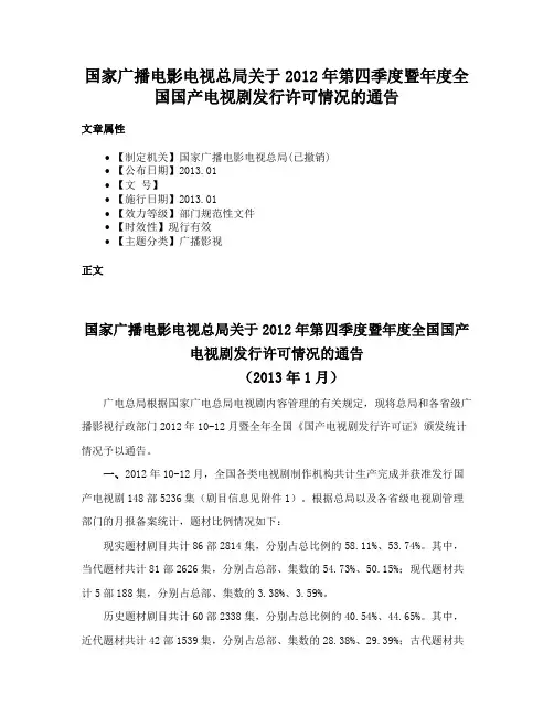 国家广播电影电视总局关于2012年第四季度暨年度全国国产电视剧发行许可情况的通告