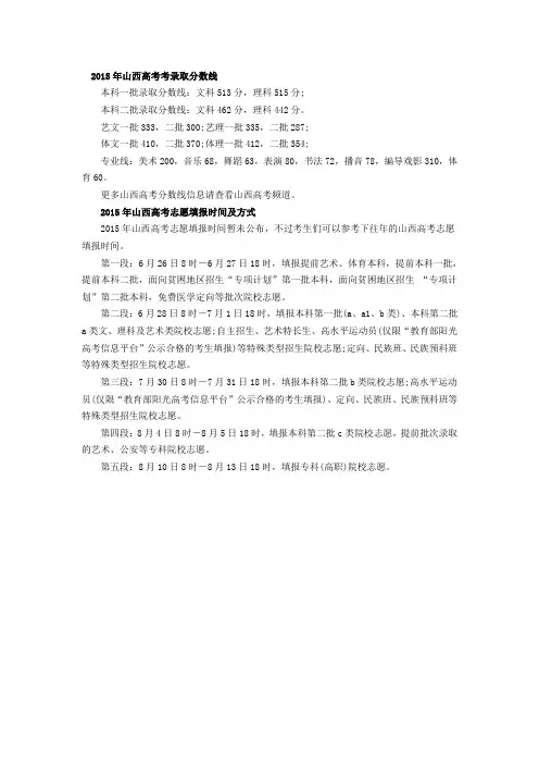  2015年山西高考录取分数线