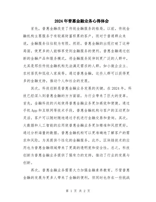 2024年普惠金融业务心得体会
