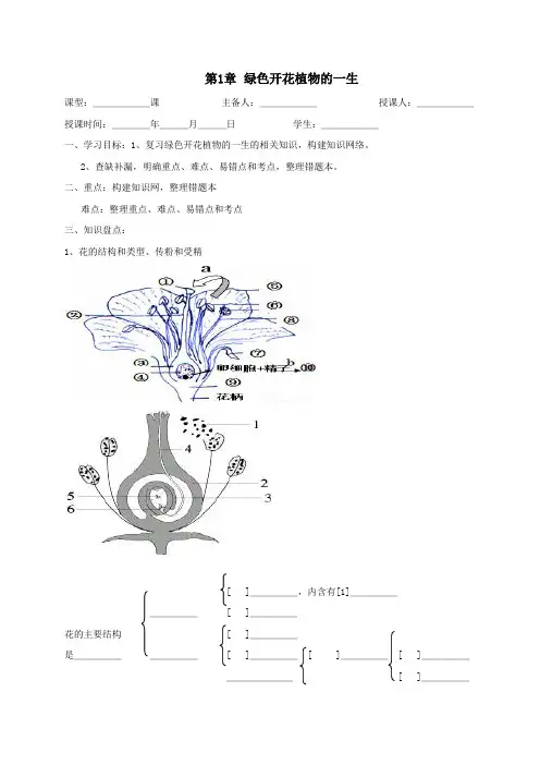 八年级生物上册第四单元物种的延续第1章绿色开花植物的一生复习学案(新版)济南版