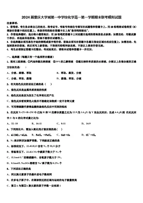 2024届重庆大学城第一中学校化学高一第一学期期末联考模拟试题含解析