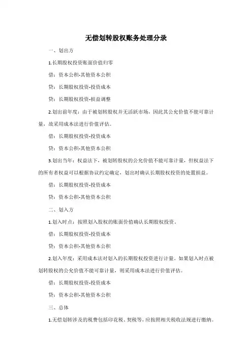 无偿划转股权账务处理分录