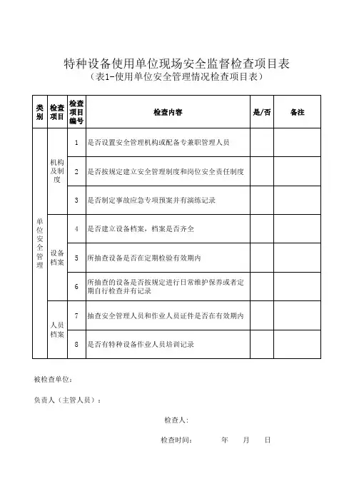 特种设备使用单位现场安全监督检查项目表