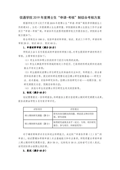 信通学院2019年度博士生申请-考核制综合考核方案