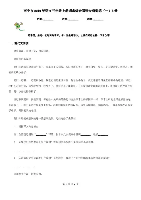 南宁市2019年语文三年级上册期末综合阅读专项训练(一)B卷