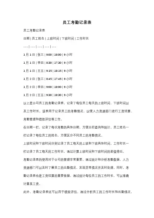 员工考勤记录表