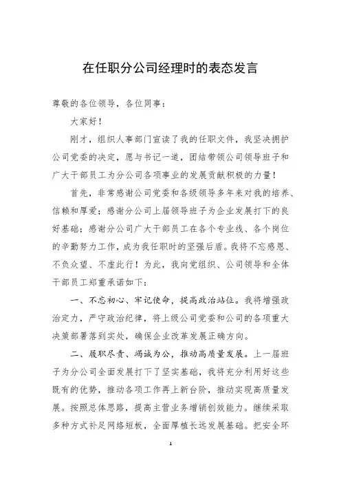在任职分公司经理时的表态发言