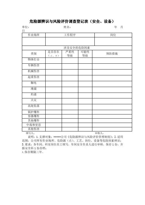 危险源辨识与风险评价调查登记表(安全、设备)