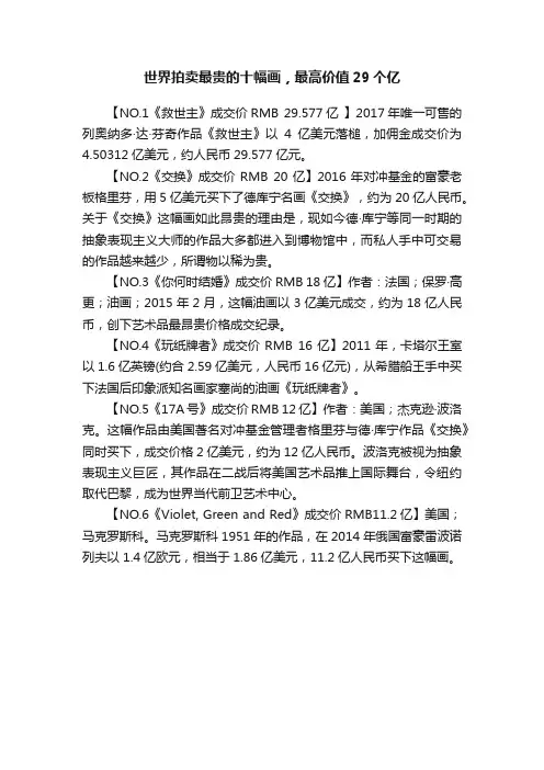 世界拍卖最贵的十幅画，最高价值29个亿