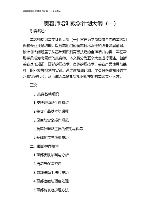 美容师培训教学计划大纲(一)2024