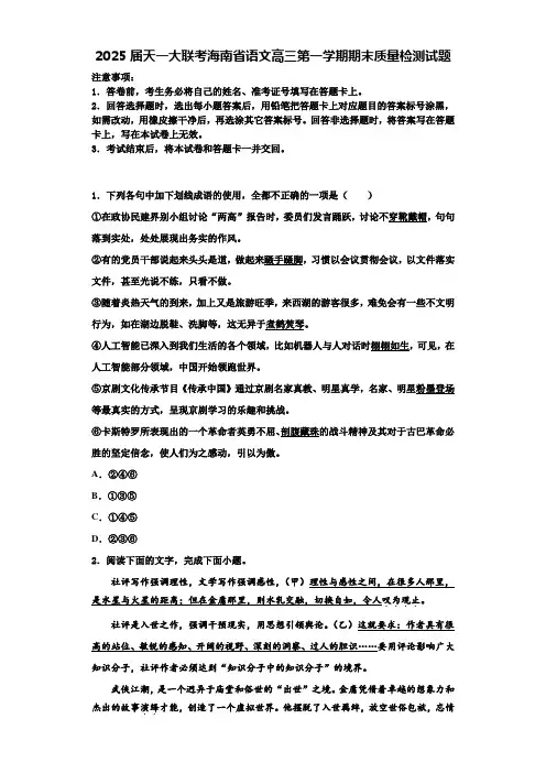 2025届天一大联考海南省语文高三第一学期期末质量检测试题含解析
