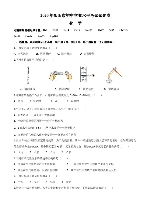 湖南省邵阳市2020年中考化学试题(含答案)