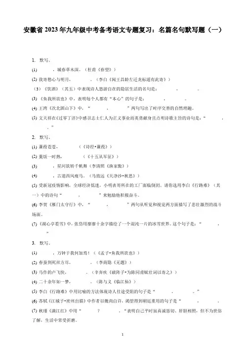 安徽省2023年九年级中考备考语文专题复习：名篇名句默写题(一)(含解析)