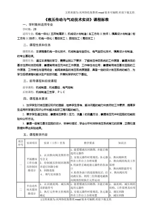 液压传动与气动技术实训课程标准
