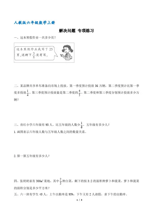 人教版六年级数学上册 专项练习 解决问题(含答案)