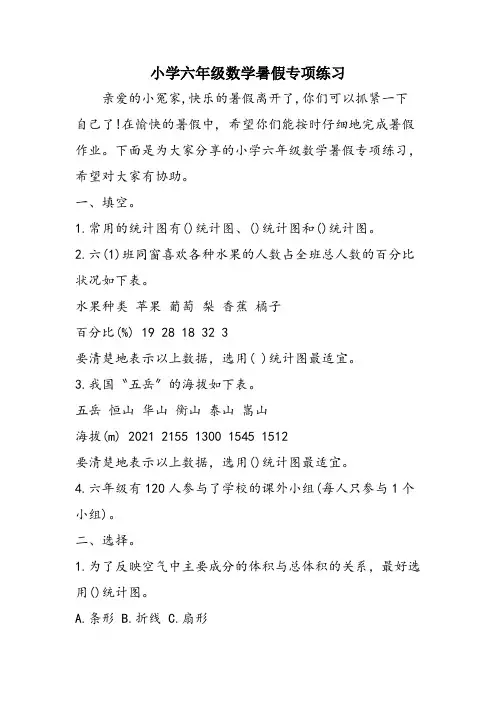 小学六年级数学暑假专项练习