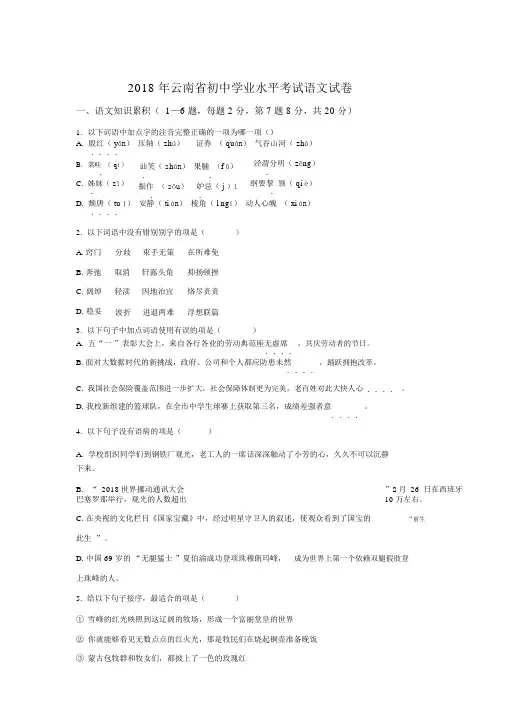 2018年云南省初中学业水平考试语文(word版,含答案)