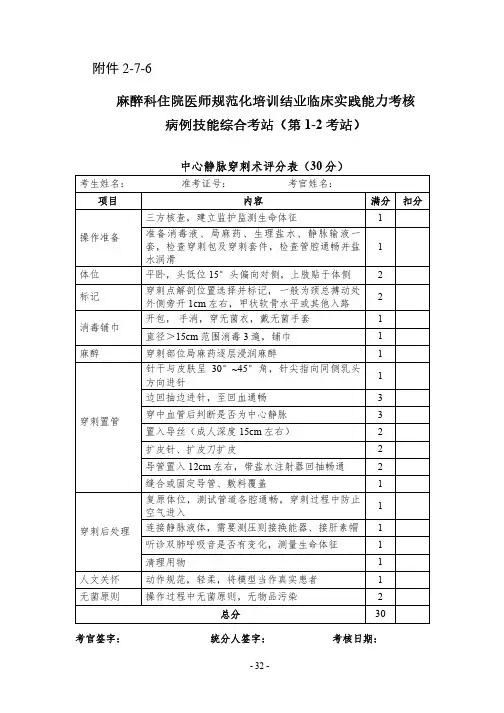 规培结业考试-中心静脉穿刺评分表