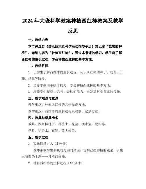2024年大班科学教案种植西红柿教案及教学反思