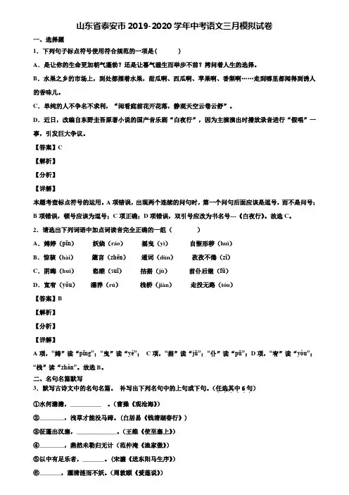 山东省泰安市2019-2020学年中考语文三月模拟试卷含解析