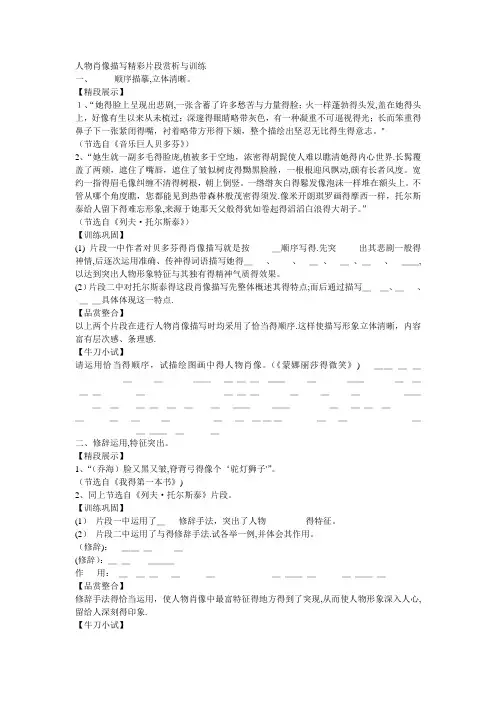 人物肖像描写精彩片段赏析与训练