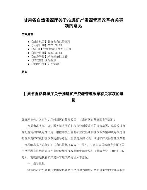 甘肃省自然资源厅关于推进矿产资源管理改革有关事项的意见