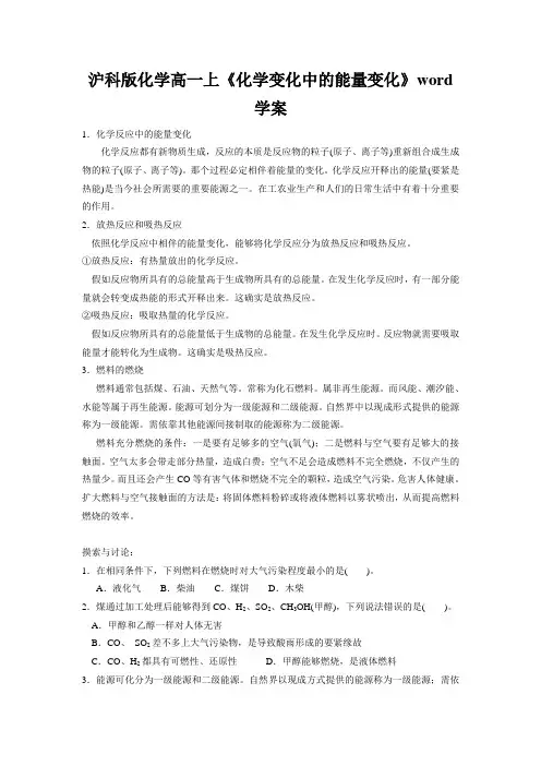 沪科版化学高一上《化学变化中的能量变化》word学案