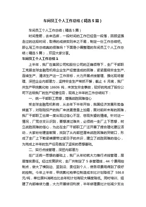 车间员工个人工作总结（精选5篇）