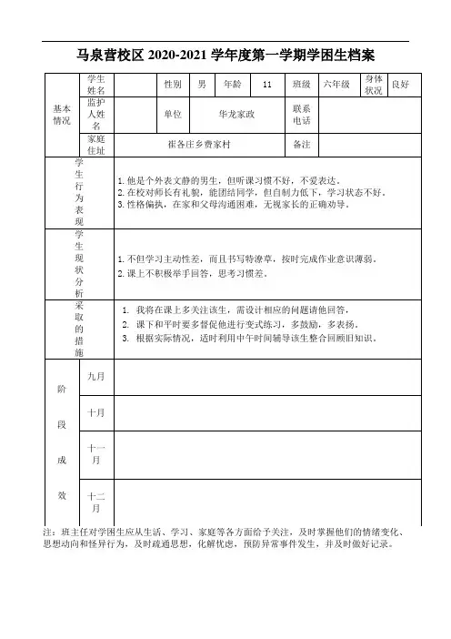 小学六年级学困生档案