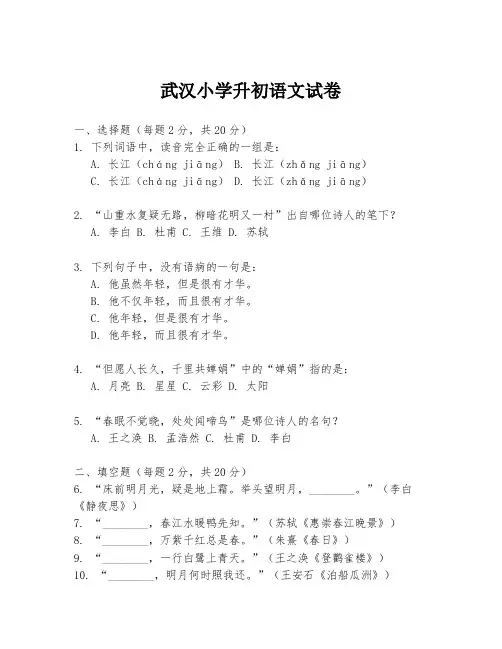 武汉小学升初语文试卷