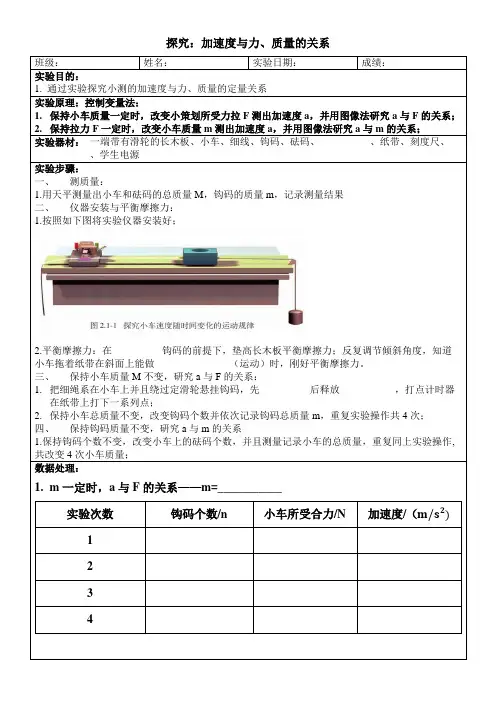 实验探究加速度与力质量的关系实验报告高一上学期物理人教版