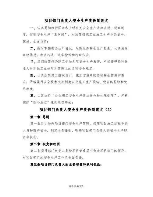 项目部门负责人安全生产责任制范文(2篇)