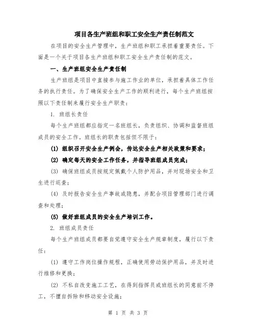 项目各生产班组和职工安全生产责任制范文