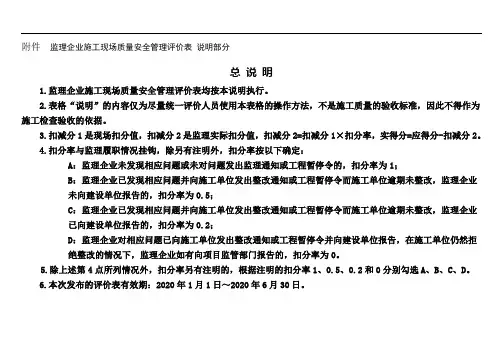 监理企业施工现场质量安全管理评价表说明部分总说明