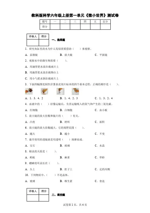 教科版科学六年级上册第一单元《微小世界》测试卷