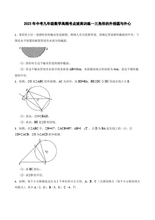 2023年中考九年级数学高频考点拔高训练--三角形的外接圆与外心