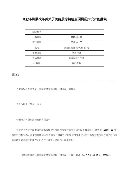 合肥市发展改革委关于美丽景湾复建点项目初步设计的批复-合发改投资〔2019〕11号