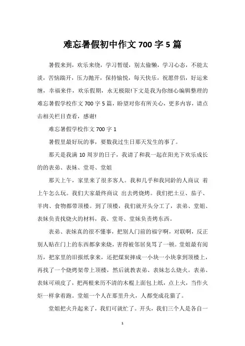 难忘暑假初中作文700字5篇