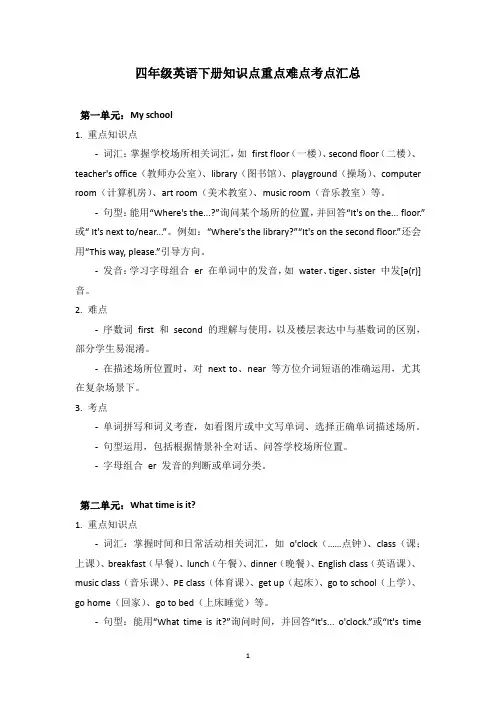 人教版四年级英语下册知识点重点难点考点汇总