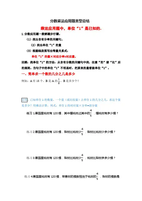 人教版数学六年级上册分数乘法应用题常考类型总结