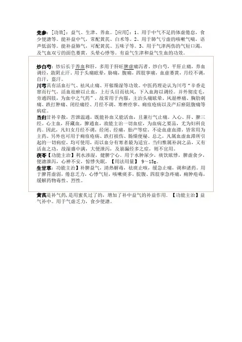 各种中药材的功效作用和用法用量
