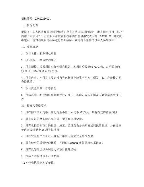 湘乡锂电项目落地招标文件