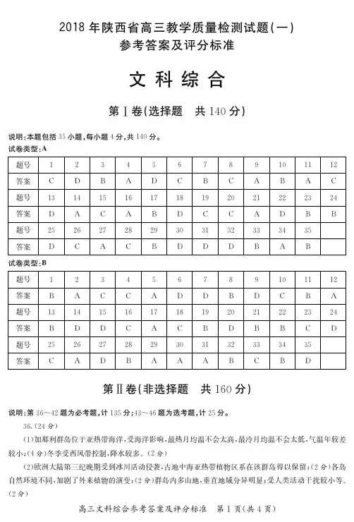2018陕西省高三教学质量检测试题(一)文科综合答案