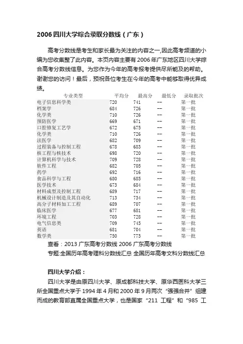 2006四川大学综合录取分数线（广东）