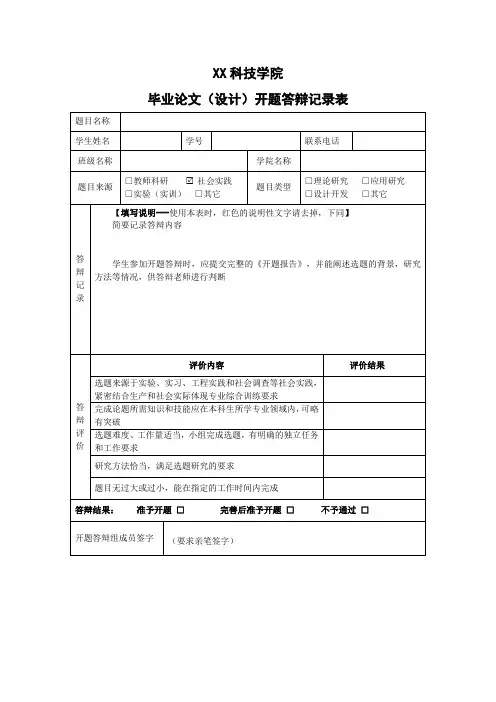 XX科技学院毕业论文(设计)开题答辩记录表