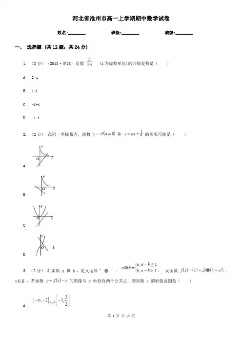河北省沧州市高一上学期期中数学试卷