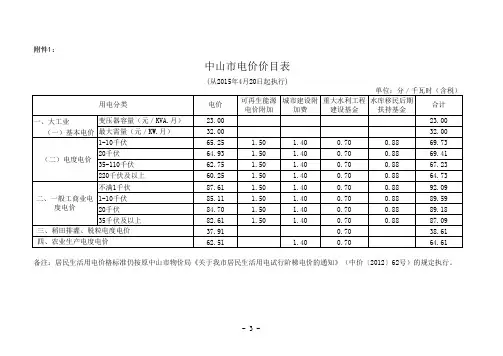 中山市电价价目表