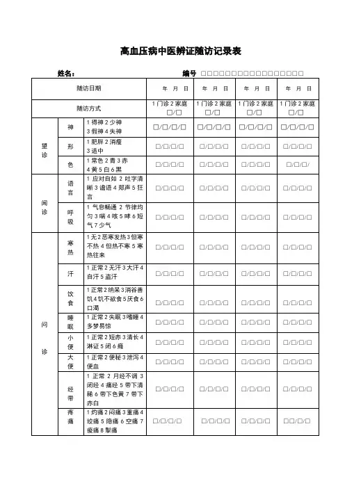 高血压病中医辨证记录表1