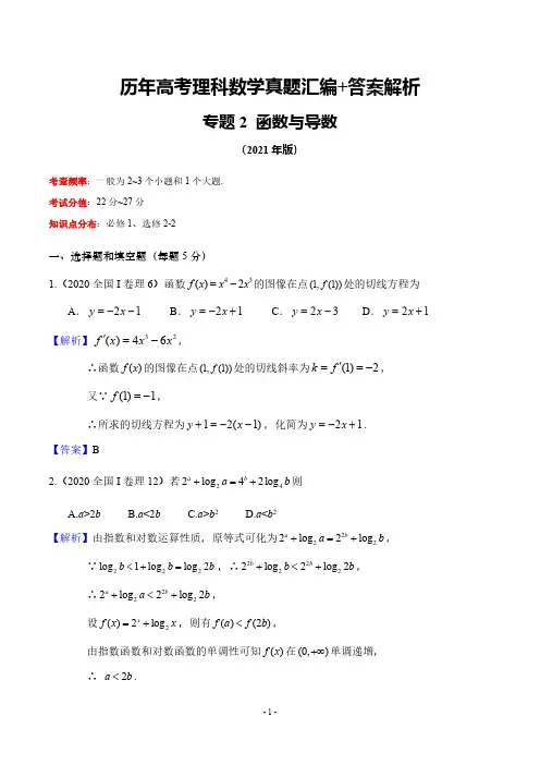 历年高考理科数学真题汇编+答案解析(2)：函数与导数(2017-2020年)