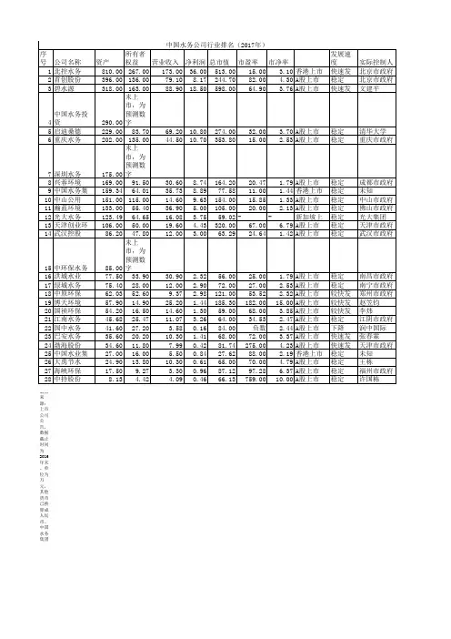 中国水务公司行业排名 